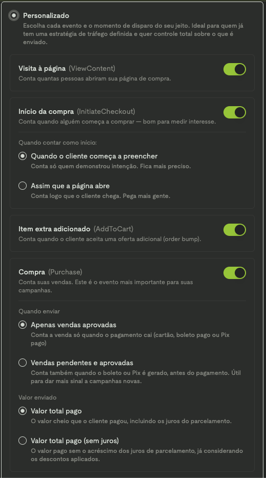 Painel de personalização de eventos de pixel na Hubla